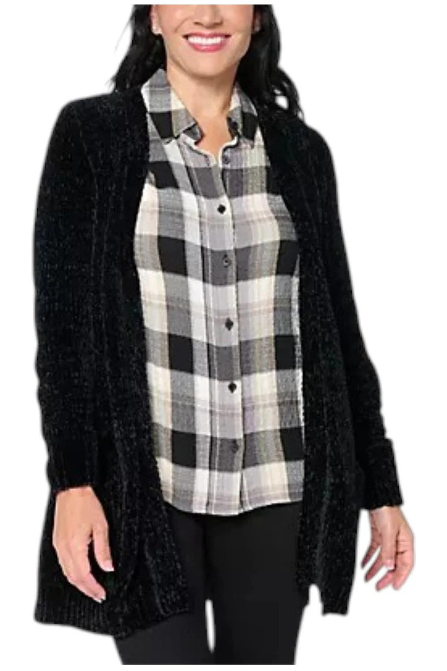 Denim & Co. Women's Chenille Open Front Cardigan Black - Petites
